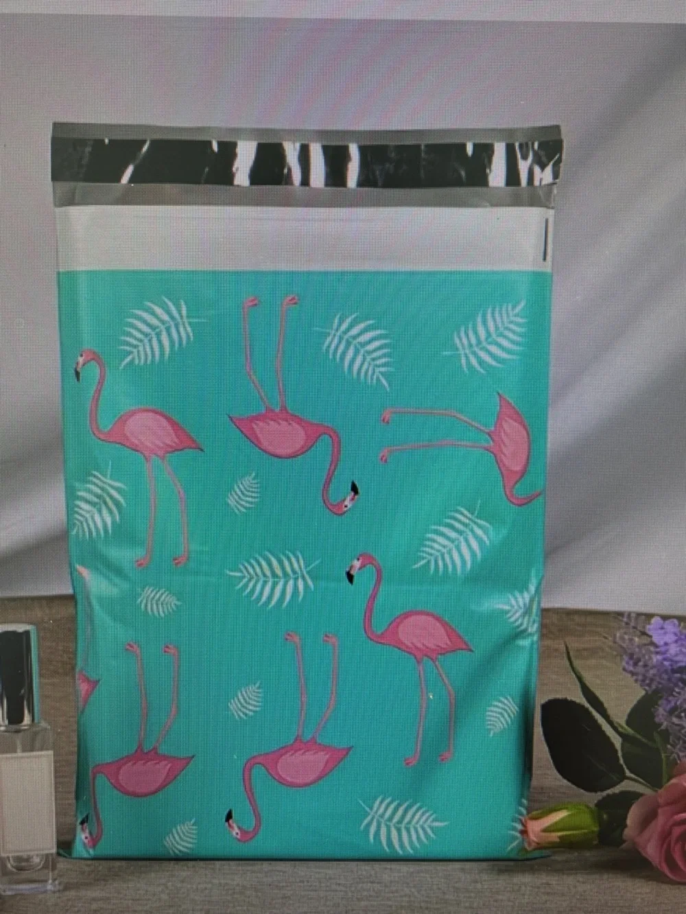 Flamingo Print Turquoise Mailing Bag with Pink Flamingos
